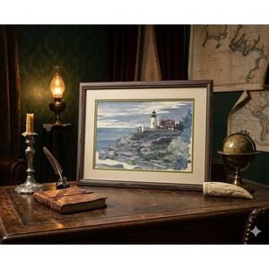 Vintage Tyler Poyant 1982 Pemaquid Point Lighthouse Maine Watercolor Framed Art